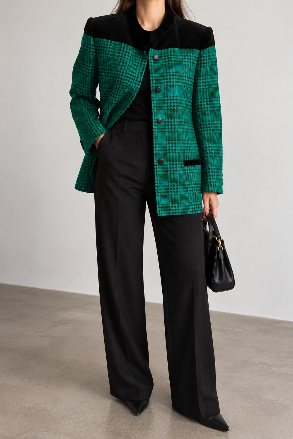 Valentino Miss V Vintage 1980s Lambswool & Velvet Blazer – Pied-de-Poule / Pied-de-Coq